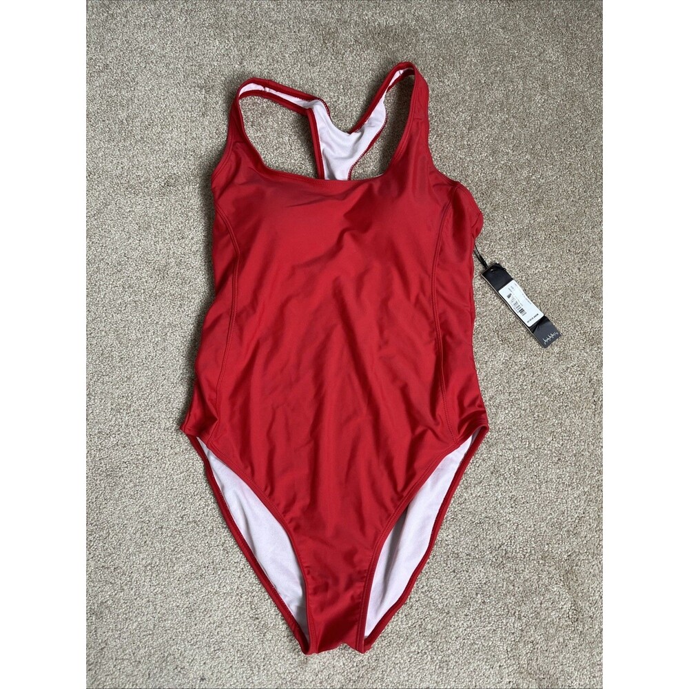 NWT $120 Nicole Miller Studio High Risk Red One Piece Swimsuit Racer Back Size L